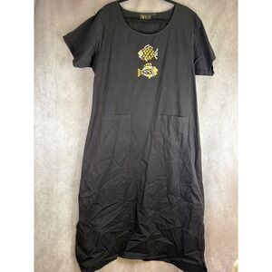 VTG 90s R&B T-Shirt Dress XL Black Embroidered Fish Pockets Cotton Midi USA